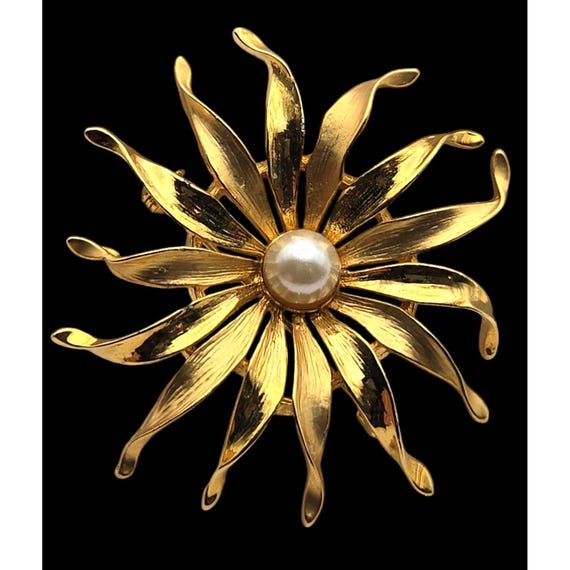 Gold Plated Sunburst Brooch With Faux Pearl Accent