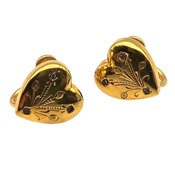 Vintage 12K Gold Filled Heart Screw Back Earrings With Diamond Chip Accents