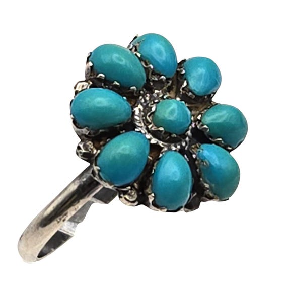 Vtg Native American Eriacho Sterling Silver Turquoise Flower Ring Size 5.5 Zuni Artist Signed Jewelry 5/8" Surface Area