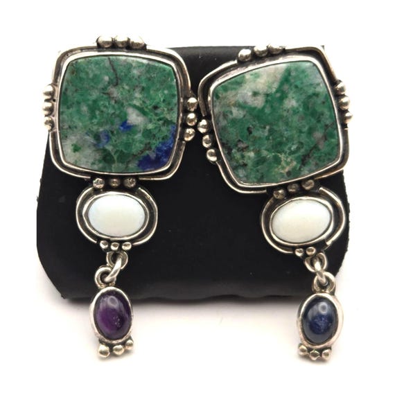 Vintage Yume Sterling Silver Earrings With Green Turquoise & Gemstones