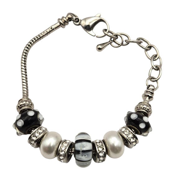 Vintage Style Art Glass Beaded Charm Bracelet W/ Rhinestone Accents Adjustable Chain & Lobster Clasp 8.5" Length