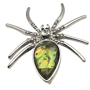 Spider Brooch With Green Abalone Shell & Rhinestones In Silver-Tone Metal 2 &quot; X 1 7/8 &quot;