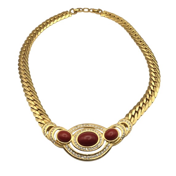 Vtg Christian Dior Gripoix Cabochon Necklace W/ Rhinestone Crystal Accents Signed Gold-Tone Chain Necklace