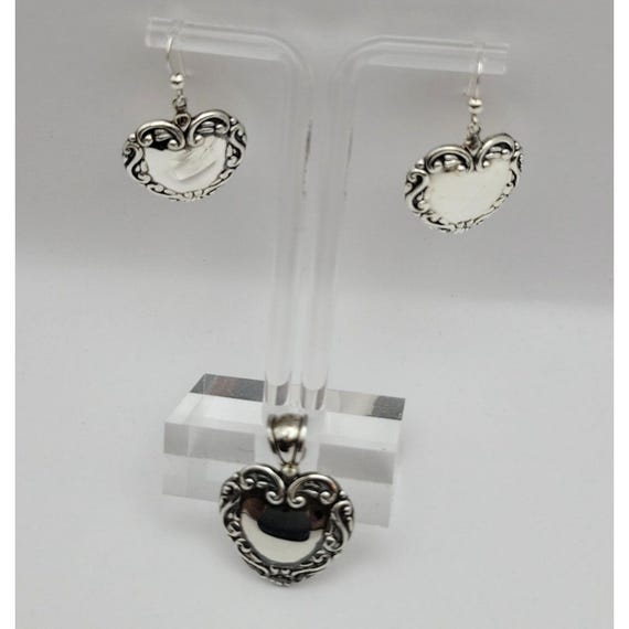 Sterling Silver Heart Pendant Earrings Set - Intricate Scroll Design - Elegant Timeless Jewelry Gift