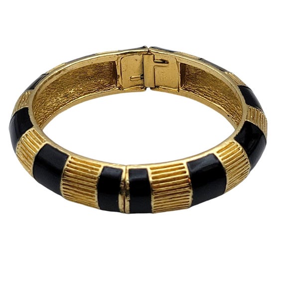 Vintage Hill Gold-Tone & Black Enamel Striped Hinged Bangle Bracelet