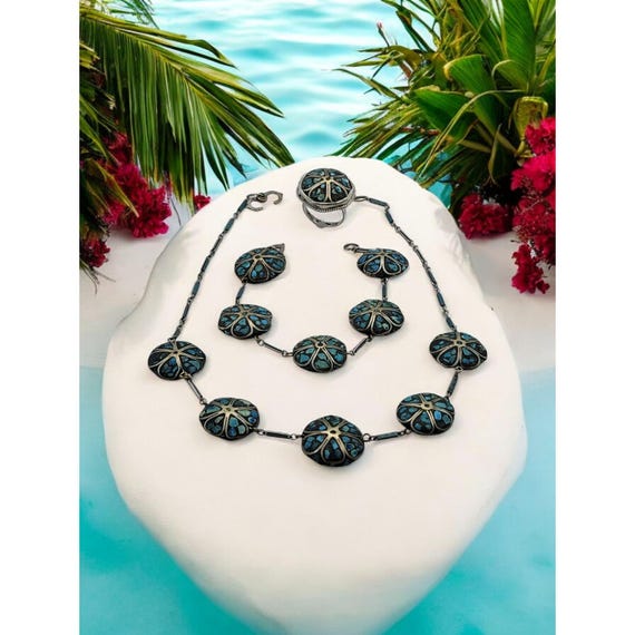 Vintage Turquoise Kashmari Mosaic Necklace Set w/ Ring