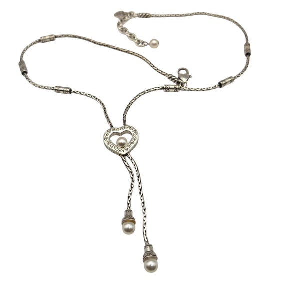 Vtg Brighton Heart Pendant Necklace W/ Chain Tassel & Faux Pearl Accents Adjustable 11"-12.5" Length