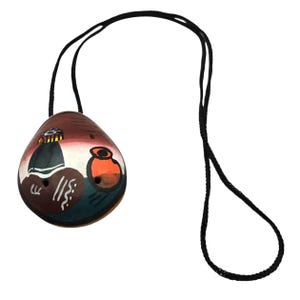 Vintage Peruvian Hand-Painted Clay Ocarina Pendant Necklace Whistle