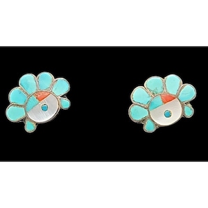 Vintage Zuni Sterling Silver Turquoise Coral Inlay Stud Earrings Southwestern Style Jewelry