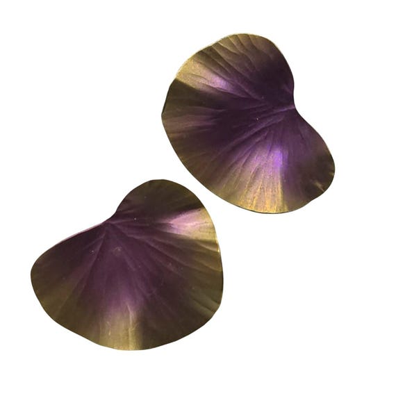 Vintage Pansy Flower Stud Earrings Purple & Gold 1" X 3/4" Floral Design Retro Style