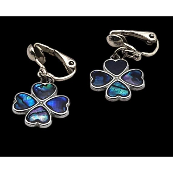 Vintage Silver Tone Four-Leaf Clover Clip-On Earrings With Abalone Inlay