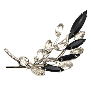 Vintage Silver-Tone Leaf Brooch With Black & Clear Rhinestones Elegant Pin Jewelry 1950s Style
