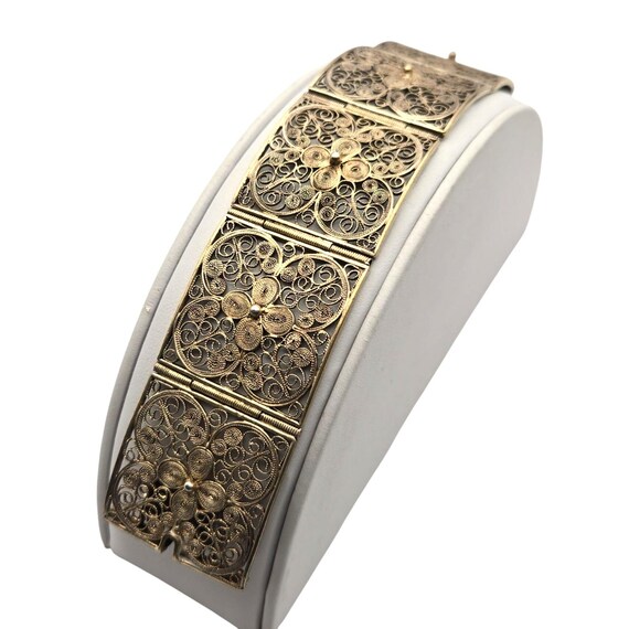 Vintage Victorian Gold-Plated Silver Hinged Wrap Bracelet With Intricate Floral Design & Reticulated Metal Work 6 1/2 " x 1 "