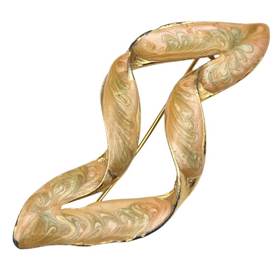 Vintage Gold-Tone Ribbon Brooch With Pastel Pearl Luster Enamel