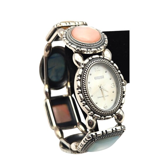 Vtg Ecclissi Sterling Silver Stretch Bangle Watch W/ Cabochon Accents Japan Quartz Movement Running Condition 7/8" Wide Bracelet