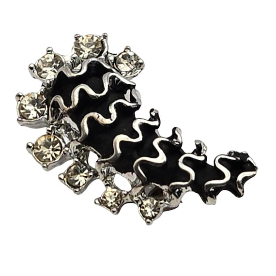 Vintage Rhinestone & Black Enamel Leaf Brooch Pin Silver-Tone Metal Jewelry Accessory 1 3/8 " X 3/4 "