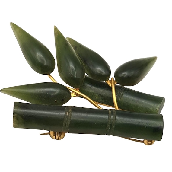 Vintage Jade & Gold Bamboo Leaf Brooch Pin