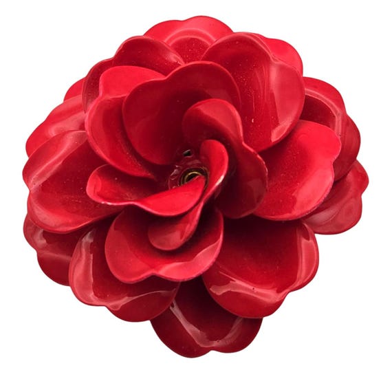 Vtg 1960s Red Metal Enamel Flower Brooch / Pin 2 1/4" Wide With 1" Dome Rise Classic Retro Jewelry Piece