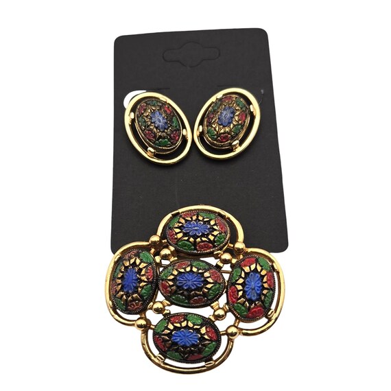 Vintage Sarah Coventry Light Of The East Enameled Brooch & Clip-On Earring Set