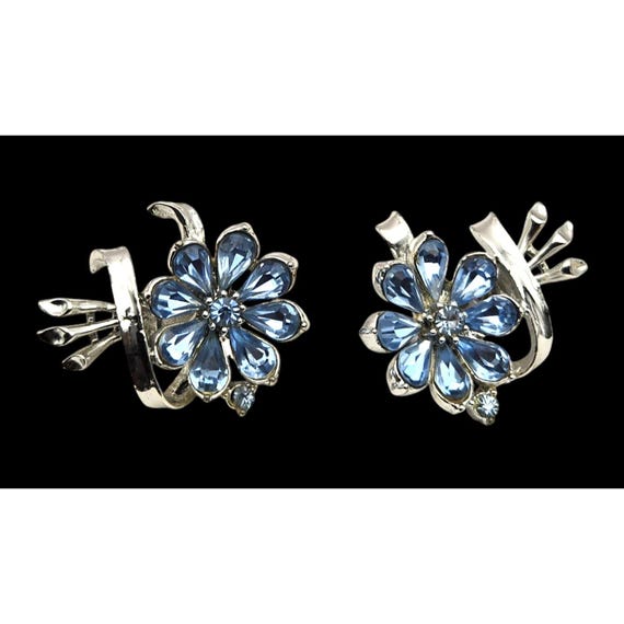 Vtg CORO Blue Rhinestone Floral Clip On Earrings Circa 1960s