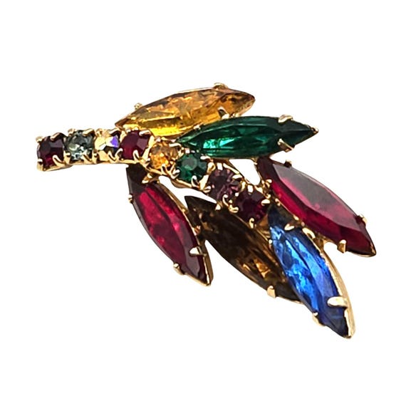 Vintage Multicolor Rhinestone Leaf Brooch Pin Gold Tone Jewelry Accessory 1 1/2 " X 3/4 "