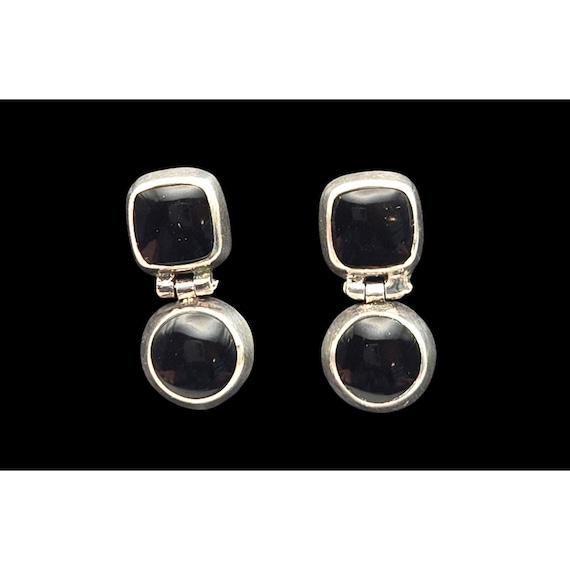 Vintage Sterling Silver Hinged Onyx Cabochon Earrings With Southwestern Style
