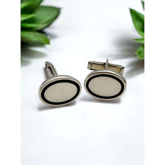 Sterling Silver 925 Oval Cufflinks With Black Enamel Accent For Men