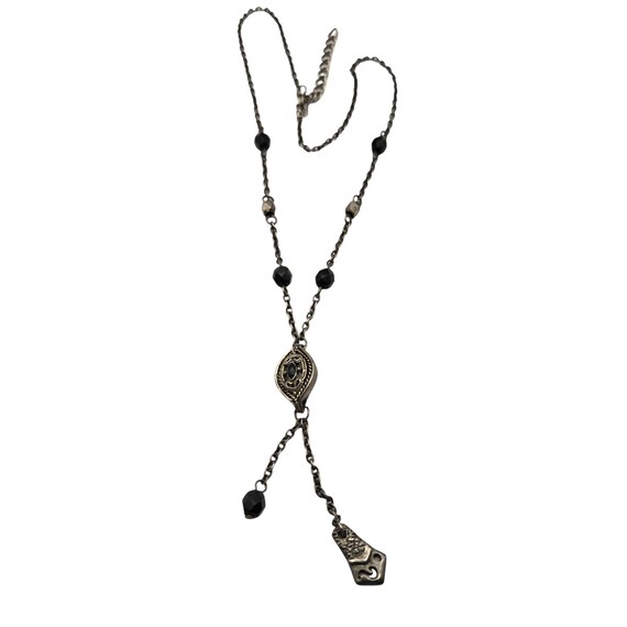 Antique-Style Black Beaded Pendant Necklace With Intricate Silver Metalwork & Adjustable Chain