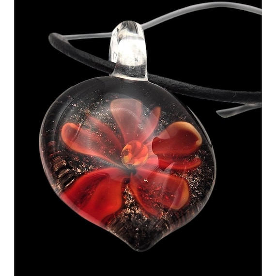 Vintage Murano Art Glass Red Flower Heart Pendant Necklace With Black Cord