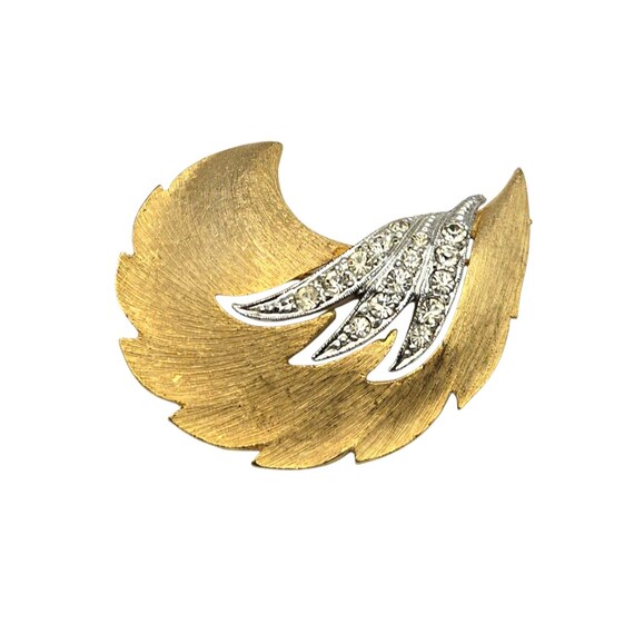Vtg JJ Jonette Gold-Tone Leaf Brooch W/ Rhinestone Accents Elegant Pin Jewelry Gift