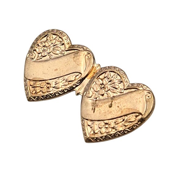 Vtg Victorian Rose Gold Filled Double Heart Pin With Floral Engraving Circa 1920-1930  1 1/4 " x 5/8 "