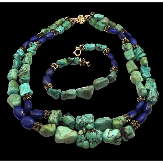 Turquoise Lapis Lazuli Gemstone Necklace / Bracelet Set With 14 Kt. Gold Clasps