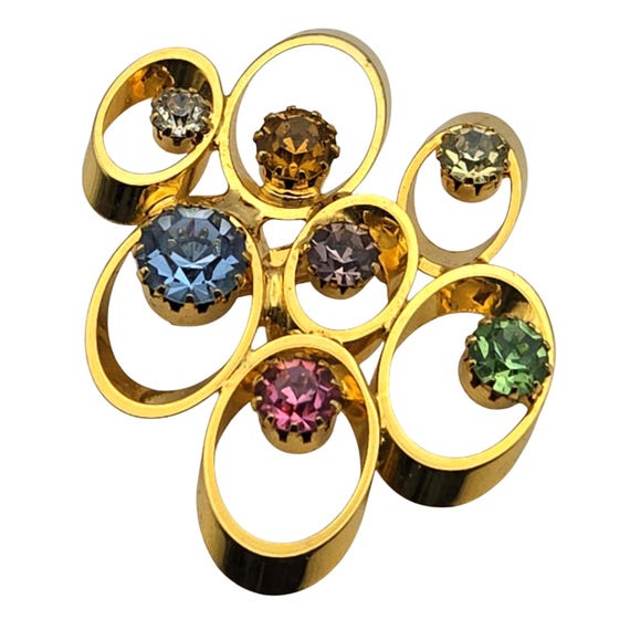 Vintage Gold-Tone Brooch With Multi-Color Gemstones & Openwork Design 1 1/2 " X 1 7/8 "