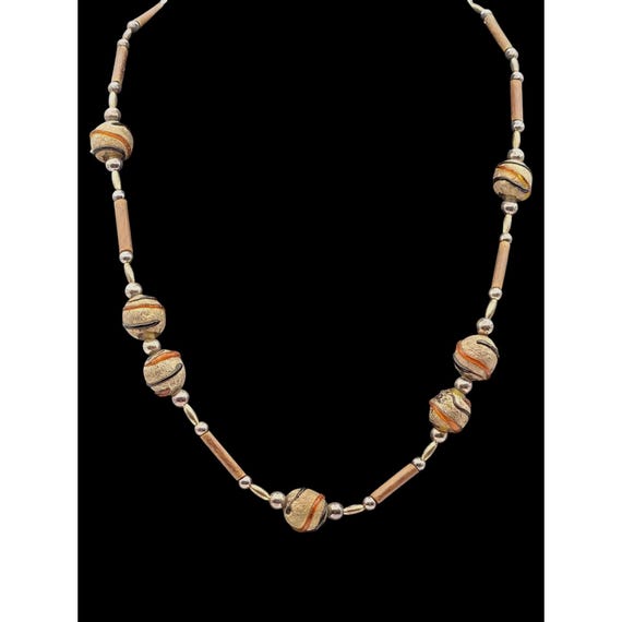 Vintage Gold - Brown Beaded Necklace With Swirled Glass Beads & Wooden Accents 20 "