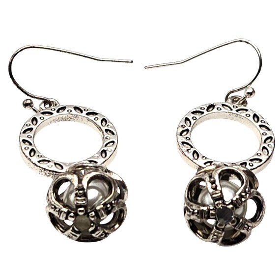 Vtg Silver Tone Hoop & Ball Dangle Earrings With Faux Pearl Center 1 3/4 " Drop x 5/8 "