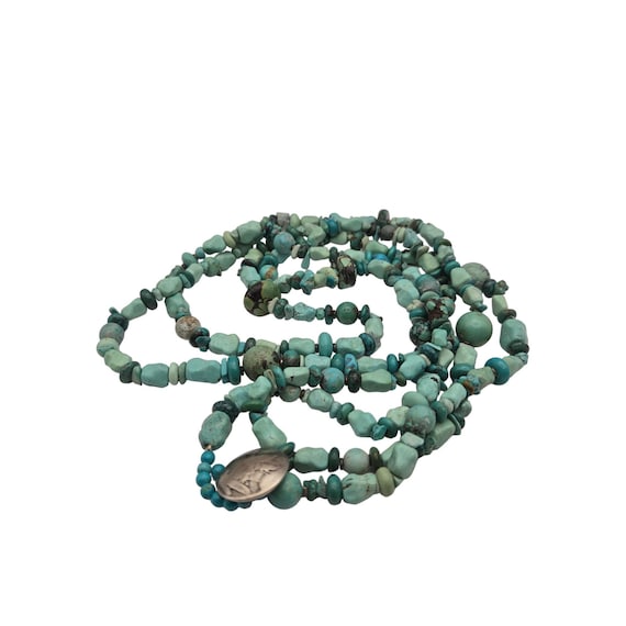 Native American Turquoise Beaded Necklace With Buffalo Nickel Clasp