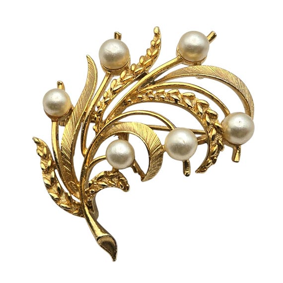 Vintage Lisner Goldtone Faux Pearl Leaf Brooch
