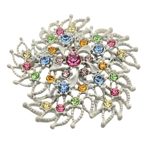 Vintage Rhinestone Snowflake Brooch Pin With Multicolor Crystals In Silver-Tone Metal 2 1/4 " X 2 1/4 "