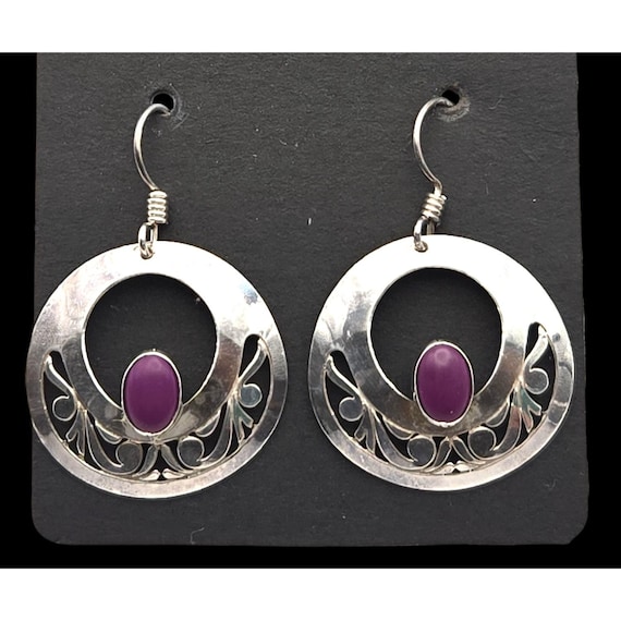 Vintage NF 925 Reticulated Silver Dangle Earrings With Purple Stone Accents