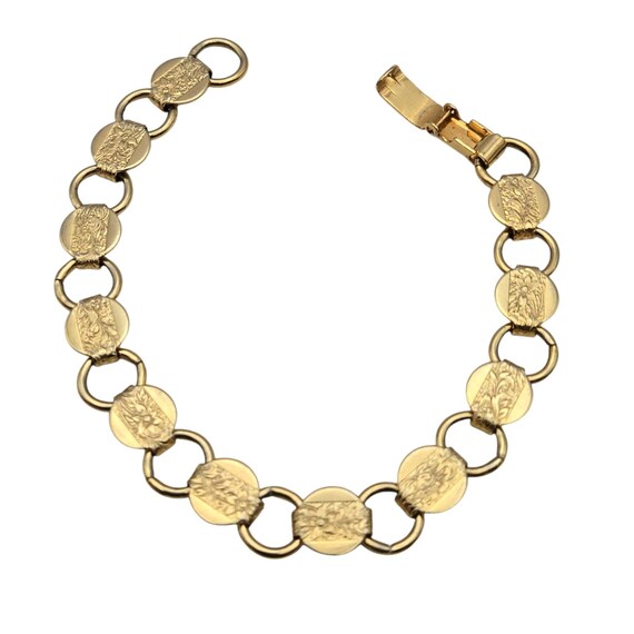 Vintage Sarah Coventry Gold Tone Medallion Link Bracelet With Intricate Detailing 7 " x 3/8 "