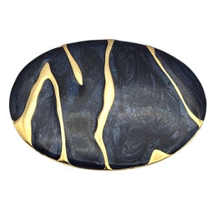 Vintage Oval Abstract Artistic Blue Enamel & Gold Swirl Brooch Pin