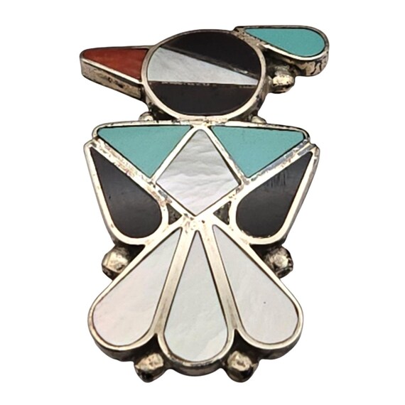 Vtg Zuni Native American Inlaid Gemstone Brooch/Pendant Turquoise Black Onyx Coral & Mother Of Pearl 1.5" x 1"