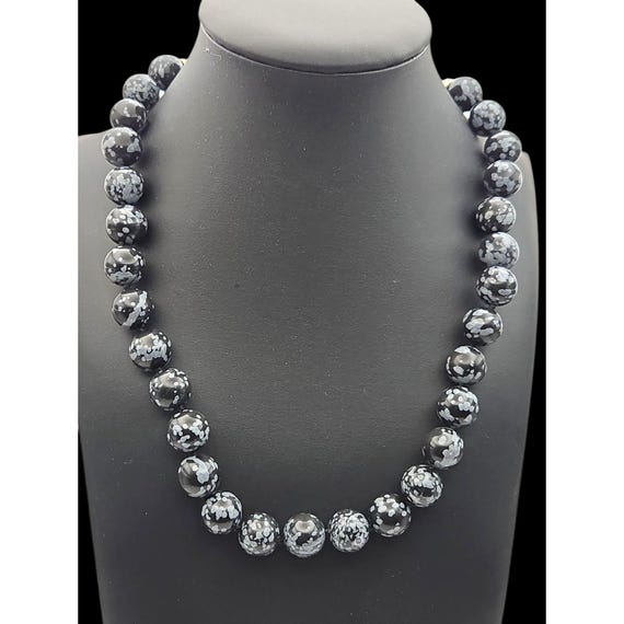 Vtg Whitney Kelley Snowflake Obsidian Beaded Necklace 18" Sterling Silver Clasp Unique Jewelry