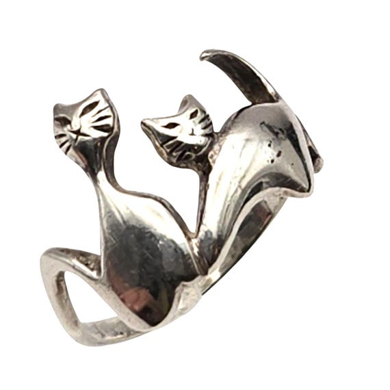 Vtg Sterling Silver Kitty Cat Ring Size 6.5 Double Cat Design Statement Jewelry