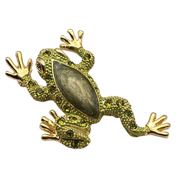 Vintage Frog Brooch Pin Gold-Tone Green Rhinestones Pearl Luster Enamel 2" X 1 1/4" Elegant Jewelry Accessory