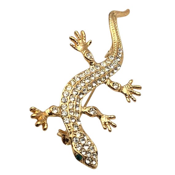 Vtg Roman Gold Tone Lizard Brooch W/ Rhinestone Accents & Green Eye Detail 2 1/2 " x 1 "