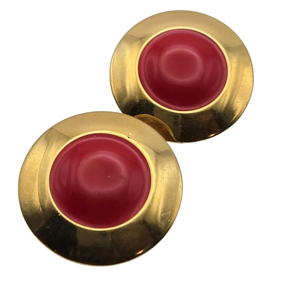Vintage Red Enamel & Gold Tone Button Clip-On Earrings 1 1/8 "