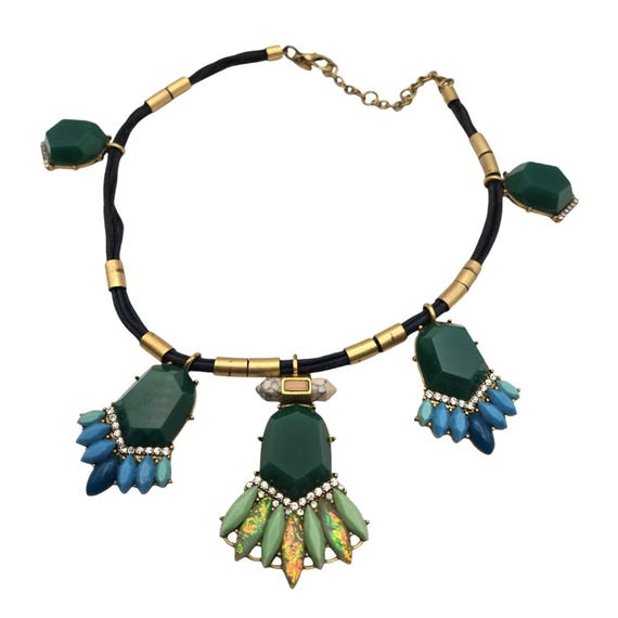 Vintage J. Crew Lucite Medallion Corded Necklace With Green & Blue Gemstones 19 "