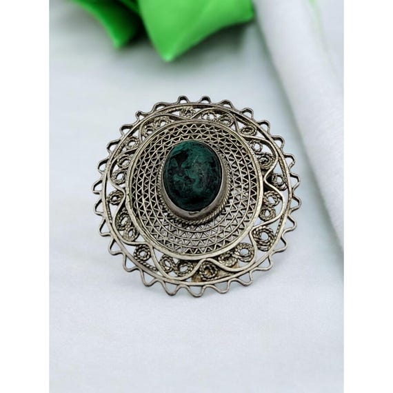 Vintage Sterling Silver Filigree Brooch With Malachite Cabochon