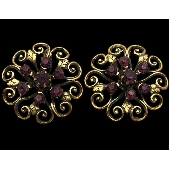 Vintage 1920s  Coro Brass Filigree Earrings With Purple Rhinestones